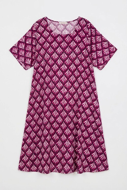 Fuşya U Yaka Kısa Kollu Midi Boy Desenli Elbise