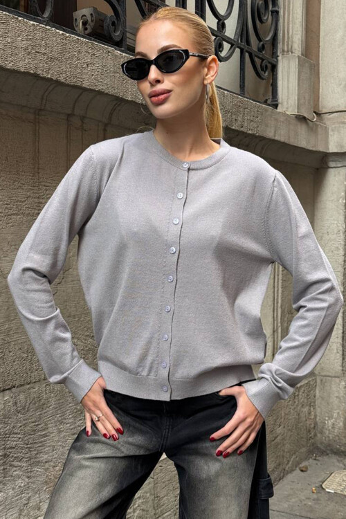 Gri Bisiklet Yaka Düğmeli Triko Hırka BCHZCK-251267