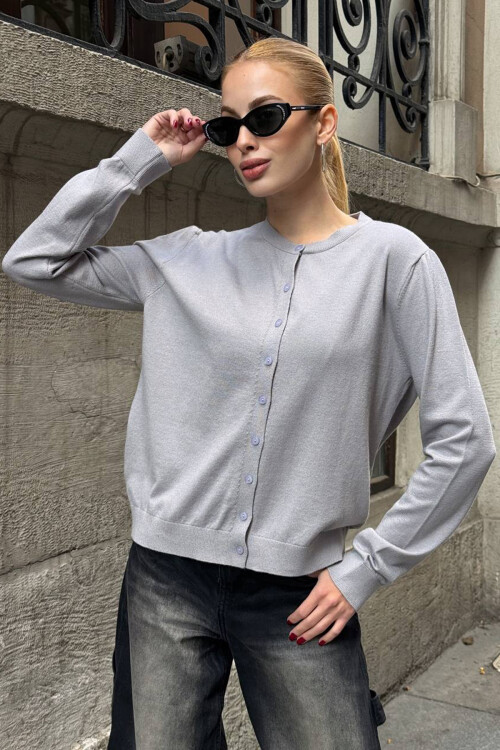 Gri Bisiklet Yaka Düğmeli Triko Hırka BCHZCK-251267