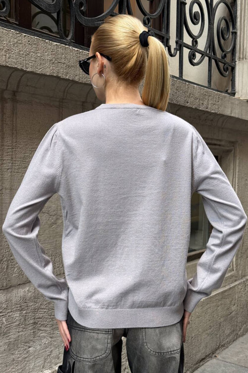 Gri Bisiklet Yaka Düğmeli Triko Hırka BCHZCK-251267