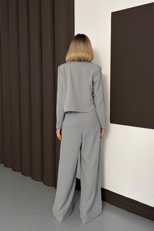 Gri Dokuma Ceket Ve Çift Cepli Straplez Tulum İkili Takım BCHN-254004