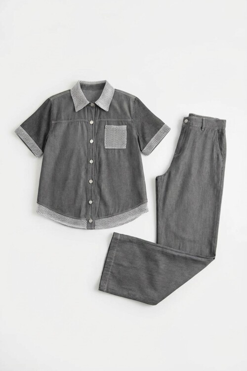 Gri File Detaylı Tensel Kot Kumaş Gömlek Ve Pantolon Alt Üst Takım BCHN-2626109