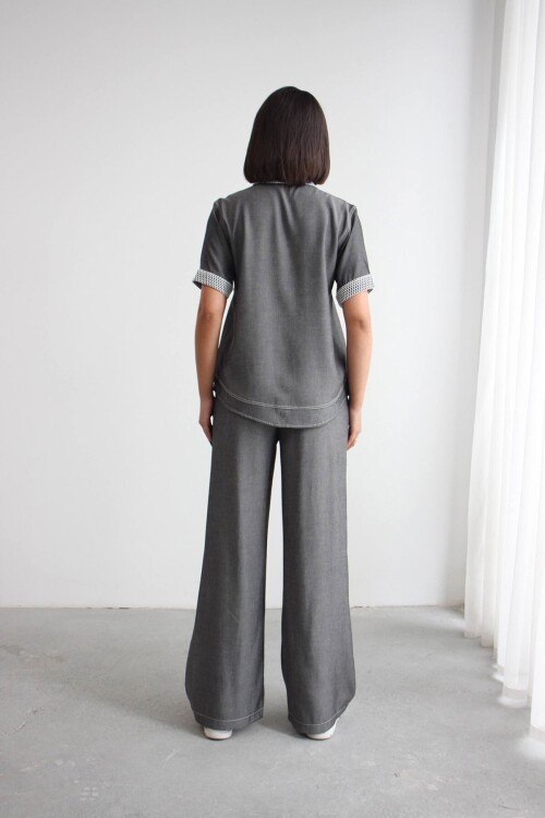 Gri File Detaylı Tensel Kot Kumaş Gömlek Ve Pantolon Alt Üst Takım BCHN-2626109