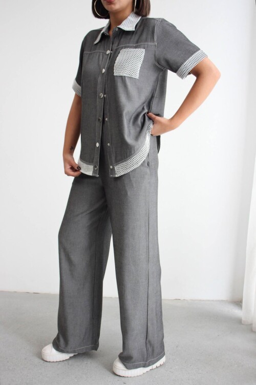 Gri File Detaylı Tensel Kot Kumaş Gömlek Ve Pantolon Alt Üst Takım BCHN-2626109