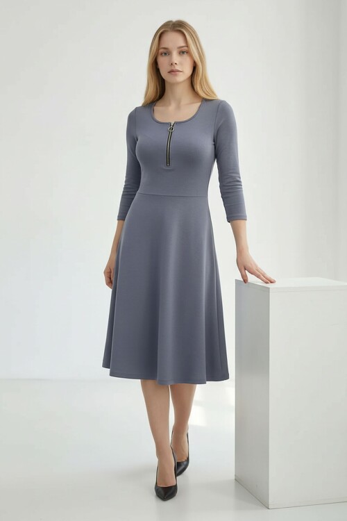 Gri Göğüs Fermuar Detaylı Eteği Fırfırlı Modal Kumaş Elbise