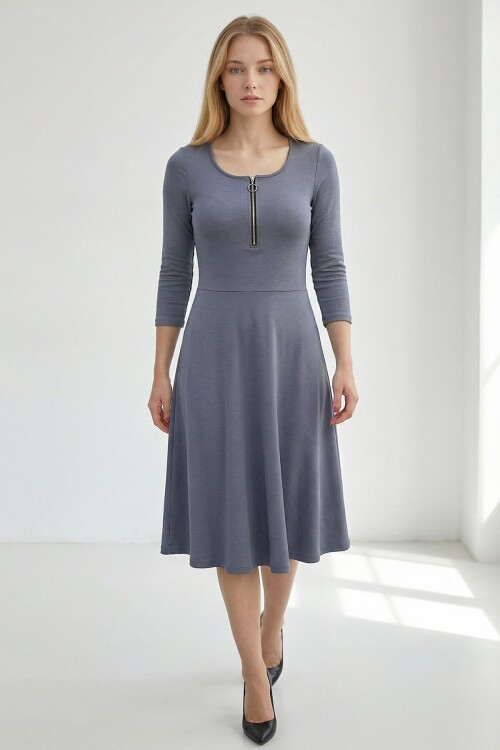 Gri Göğüs Fermuar Detaylı Eteği Fırfırlı Modal Kumaş Elbise