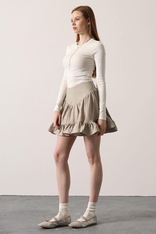 Gri Katlı Volanlı Mini Etek BCRY-261272