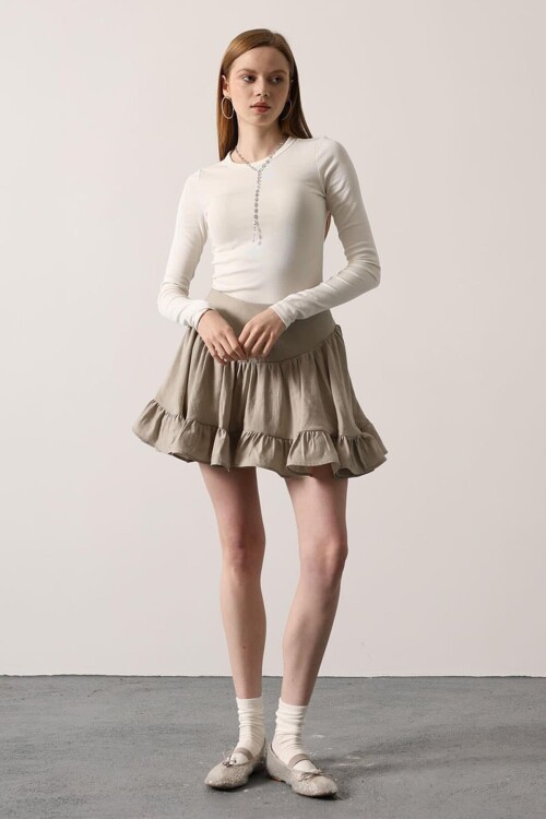 Gri Katlı Volanlı Mini Etek BCRY-261272