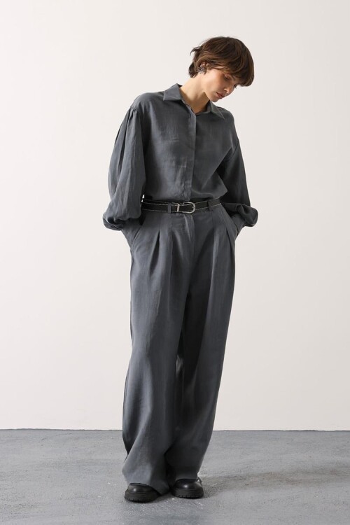 Gri Pileli Çift Cepli Kemerli Palazzo Pantolon BCRY-261283