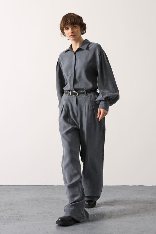 Gri Pileli Çift Cepli Kemerli Palazzo Pantolon BCRY-261283