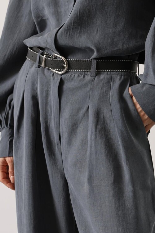 Gri Pileli Çift Cepli Kemerli Palazzo Pantolon BCRY-261283