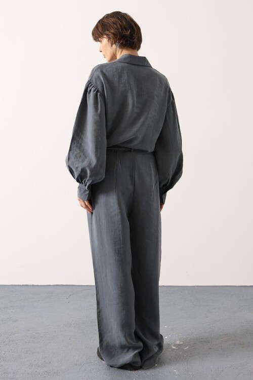 Gri Pileli Çift Cepli Kemerli Palazzo Pantolon BCRY-261283