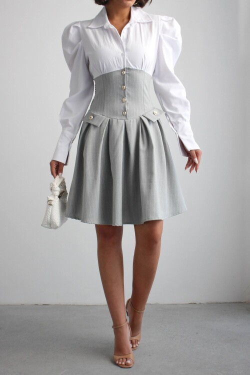 Gri Pileli Çizgili Dokuma Gömlek Elbise BCHN-2526115