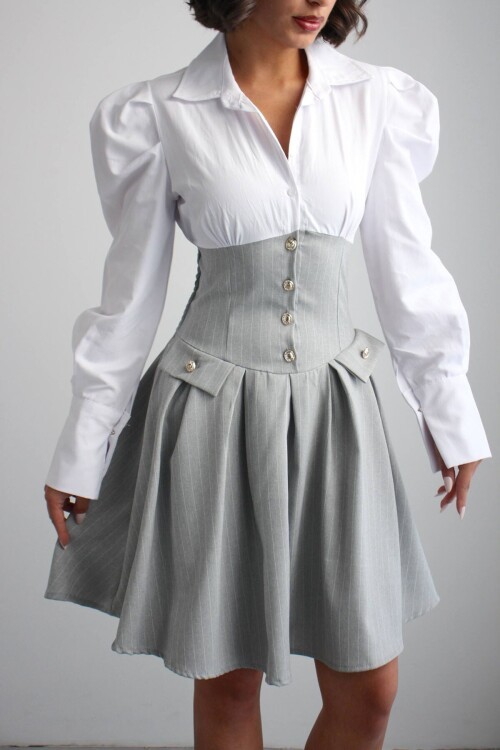 Gri Pileli Çizgili Dokuma Gömlek Elbise BCHN-2526115