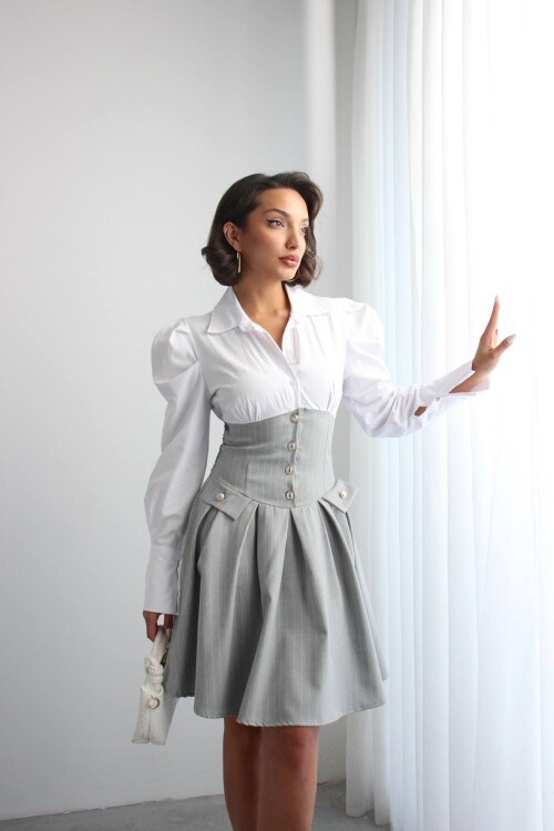 Gri Pileli Çizgili Dokuma Gömlek Elbise BCHN-2526115