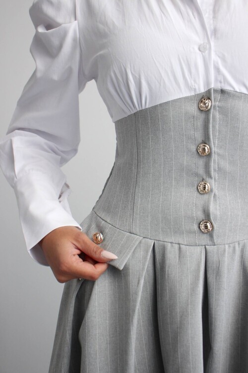 Gri Pileli Çizgili Dokuma Gömlek Elbise BCHN-2526115