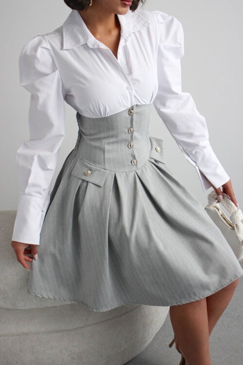 Gri Pileli Çizgili Dokuma Gömlek Elbise BCHN-2526115