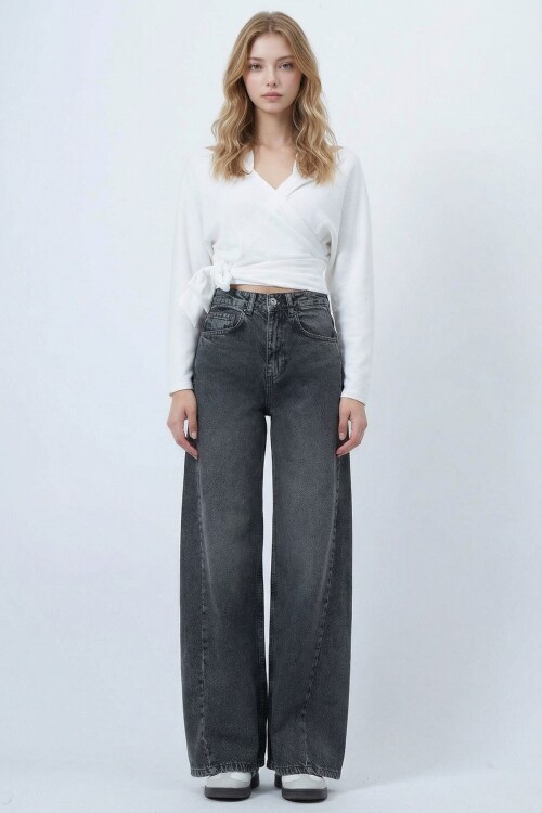 Gri Yüksek Bel 5 Cepli Baggy Jean BCHNW-251207