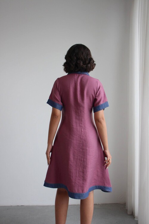 Gül Kurusu Denim Garnili Düğmeli Tensel Dokuma Elbise BCHN-2526114