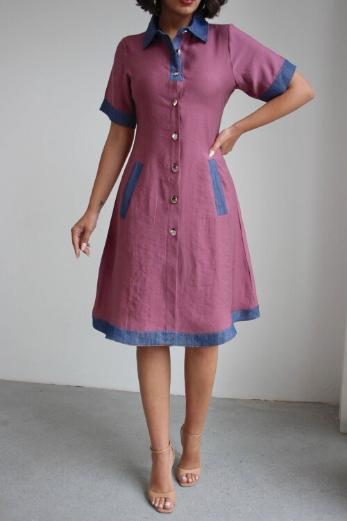 Gül Kurusu Denim Garnili Düğmeli Tensel Dokuma Elbise BCHN-2526114