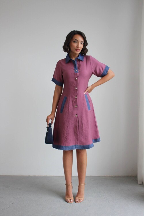 Gül Kurusu Denim Garnili Düğmeli Tensel Dokuma Elbise BCHN-2526114