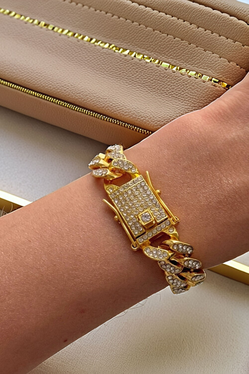 Gurmet Bileklik 14 K Altın Kaplama Kalın Zincir Bileklik Kilit Kuyumcu Model BCYJ-251013