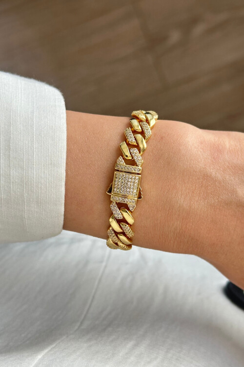 Gurmet Bileklik 14K Altın Kaplama Kalın Zincir Bileklik Kilit Kuyumcu Model Monaco Model BCYJ-251013