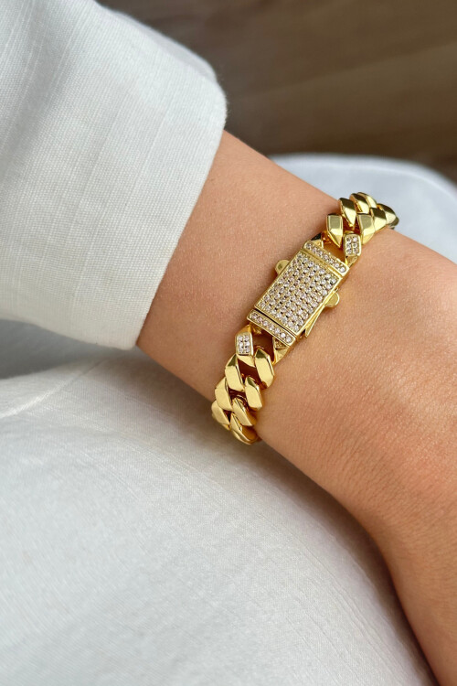 Gurmet Bileklik 14K Altın Kaplama Kalın Zincir Bileklik Kilit Kuyumcu Model Monaco Model BCYJ-251013