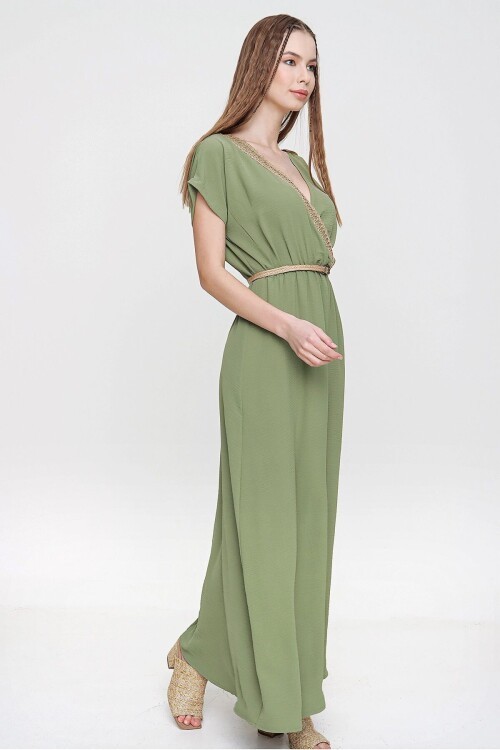 Haki Airobin Omzu Tokalı Hasır Detaylı Beli Büzgülü Uzun Elbise