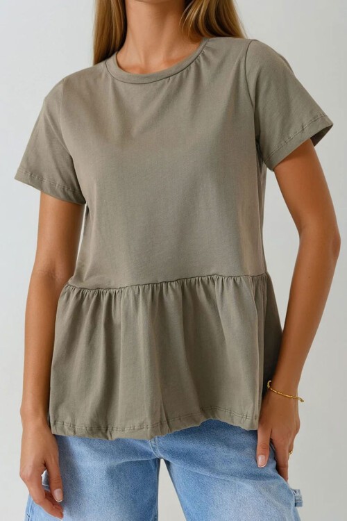 Haki Bel Altı Volanlı Bisiklet Yaka Bluz BCHPK-251247