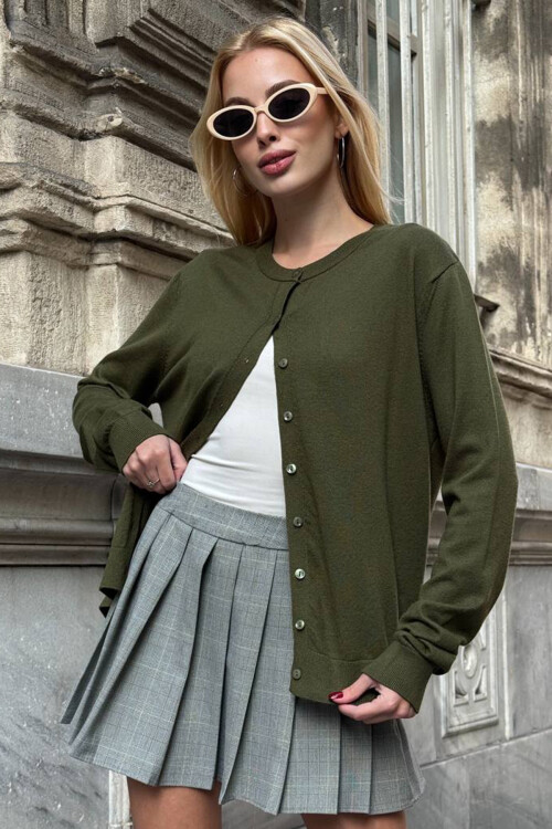 Haki Bisiklet Yaka Düğmeli Triko Hırka BCHZCK-251267