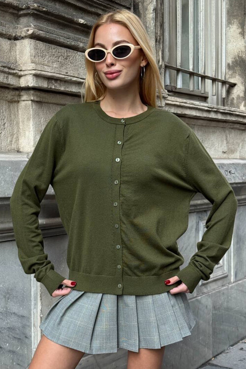 Haki Bisiklet Yaka Düğmeli Triko Hırka BCHZCK-251267