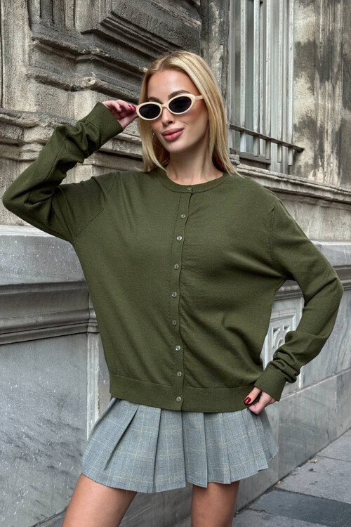 Haki Bisiklet Yaka Düğmeli Triko Hırka BCHZCK-251267