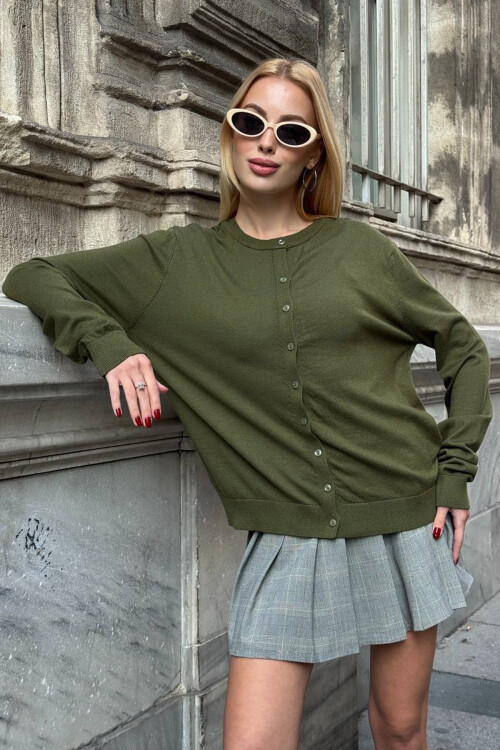 Haki Bisiklet Yaka Düğmeli Triko Hırka BCHZCK-251267