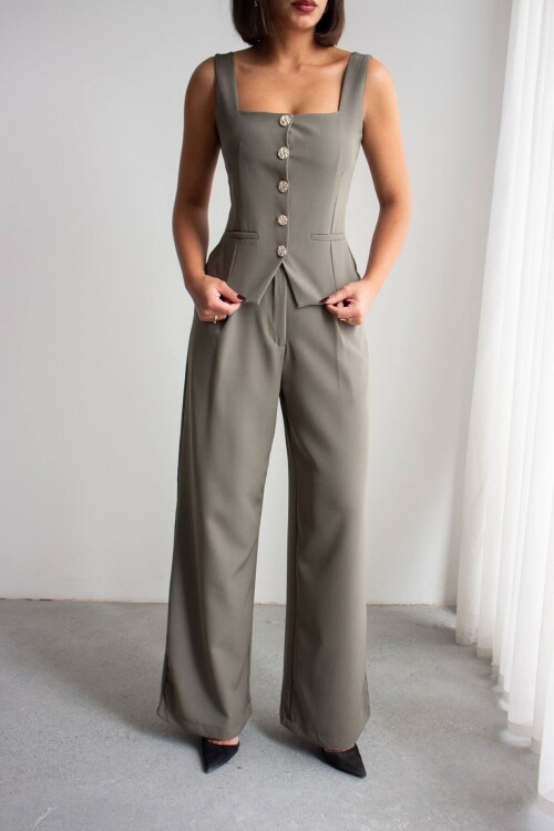 Haki Brit Detaylı Kare Yaka Crep Bluz Ve Pantolon Alt Üst Takım BCHN-2626844