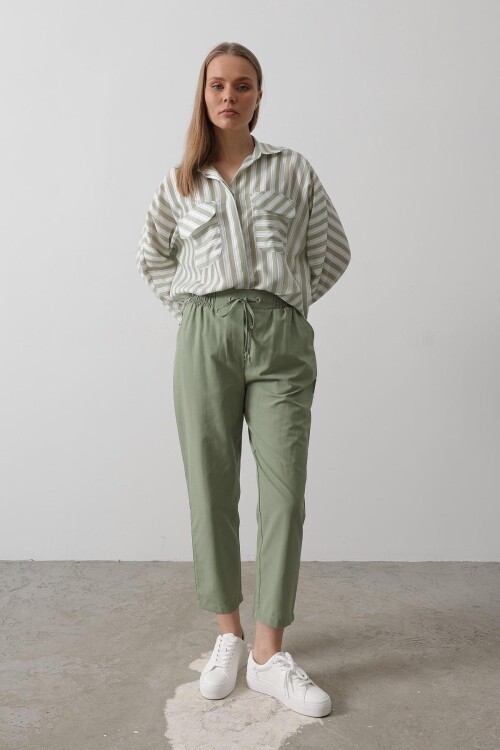 Haki Çift Cepli Beli Lastikli Bağlama Detaylı Pantolon BCRY-261289