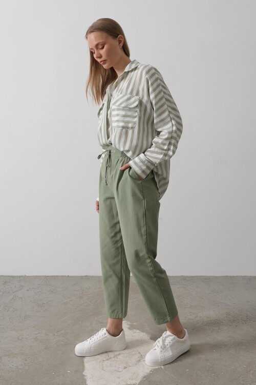 Haki Çift Cepli Beli Lastikli Bağlama Detaylı Pantolon BCRY-261289