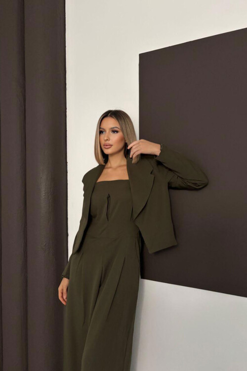 Haki Dokuma Ceket Ve Çift Cepli Straplez Tulum İkili Takım BCHN-254004