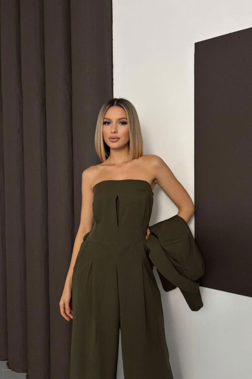 Haki Dokuma Ceket Ve Çift Cepli Straplez Tulum İkili Takım BCHN-254004