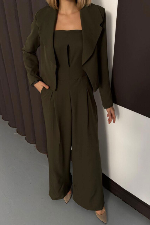 Haki Dokuma Ceket Ve Çift Cepli Straplez Tulum İkili Takım BCHN-254004