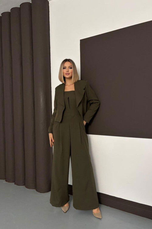 Haki Dokuma Ceket Ve Çift Cepli Straplez Tulum İkili Takım BCHN-254004