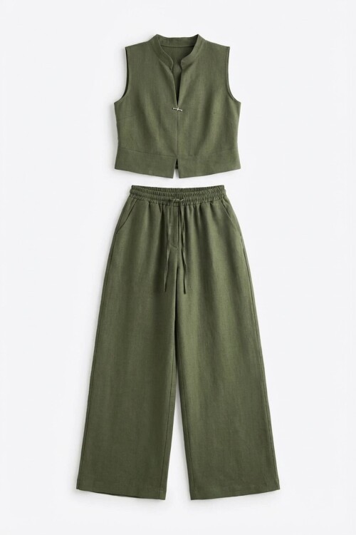 Haki Hakim Yaka Bluz Ve Beli Lastikli Dokuma Pantolon Alt Üst Takım BCHN-2626821