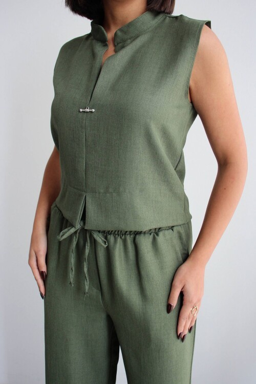 Haki Hakim Yaka Bluz Ve Beli Lastikli Dokuma Pantolon Alt Üst Takım BCHN-2626821