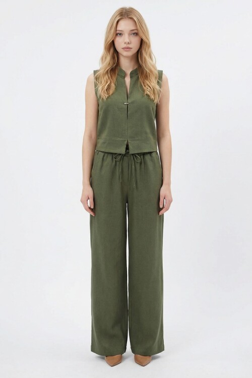 Haki Hakim Yaka Bluz Ve Beli Lastikli Dokuma Pantolon Alt Üst Takım BCHN-2626821