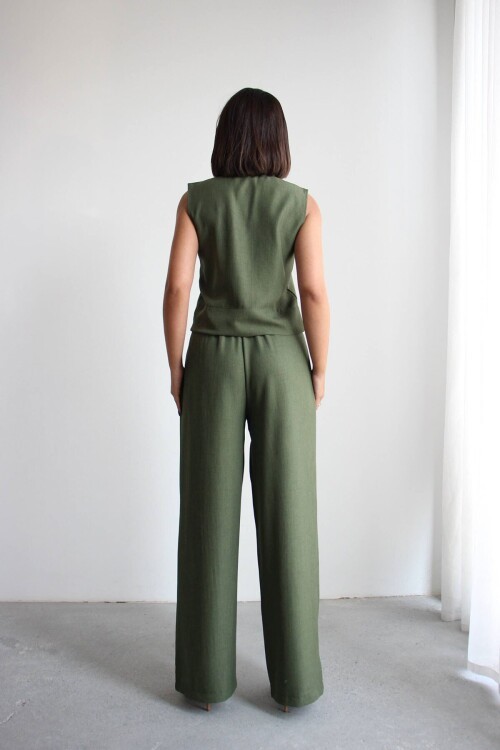 Haki Hakim Yaka Bluz Ve Beli Lastikli Dokuma Pantolon Alt Üst Takım BCHN-2626821