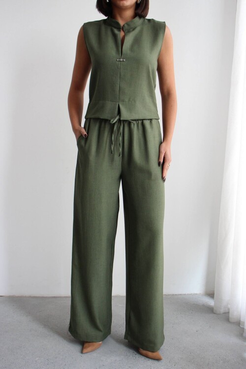 Haki Hakim Yaka Bluz Ve Beli Lastikli Dokuma Pantolon Alt Üst Takım BCHN-2626821