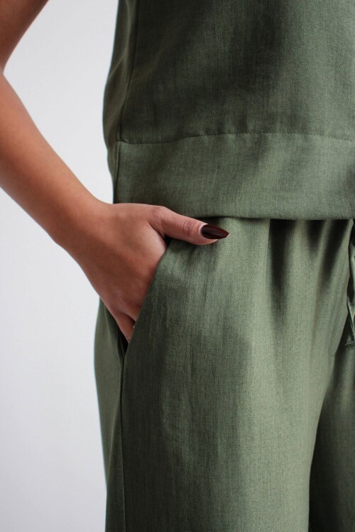 Haki Hakim Yaka Bluz Ve Beli Lastikli Dokuma Pantolon Alt Üst Takım BCHN-2626821