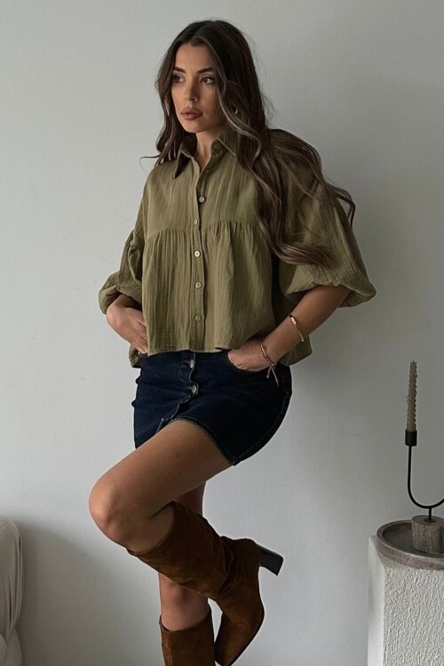 Haki Kısa Kol Müslin Kumaş Premium Gömlek BCRU-261292