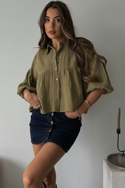Haki Kısa Kol Müslin Kumaş Premium Gömlek BCRU-261292