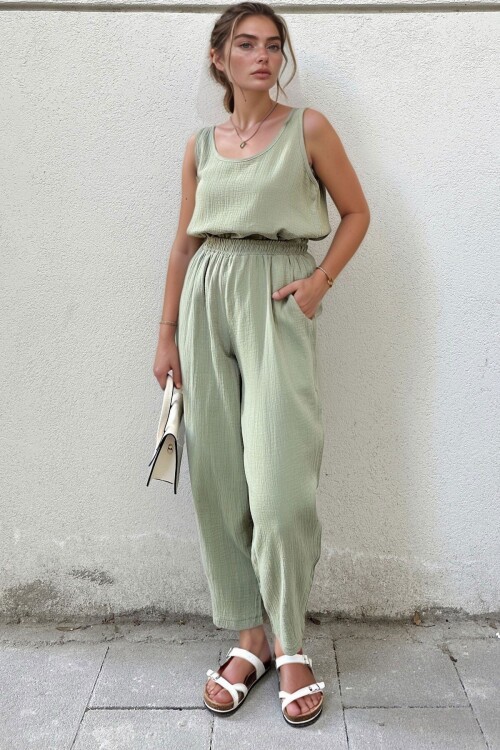 Haki Müslin Beli Lastikli Cepli Salaş Pantolon